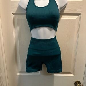 Teal Women's Ribbed Crop Top and Shorts Set